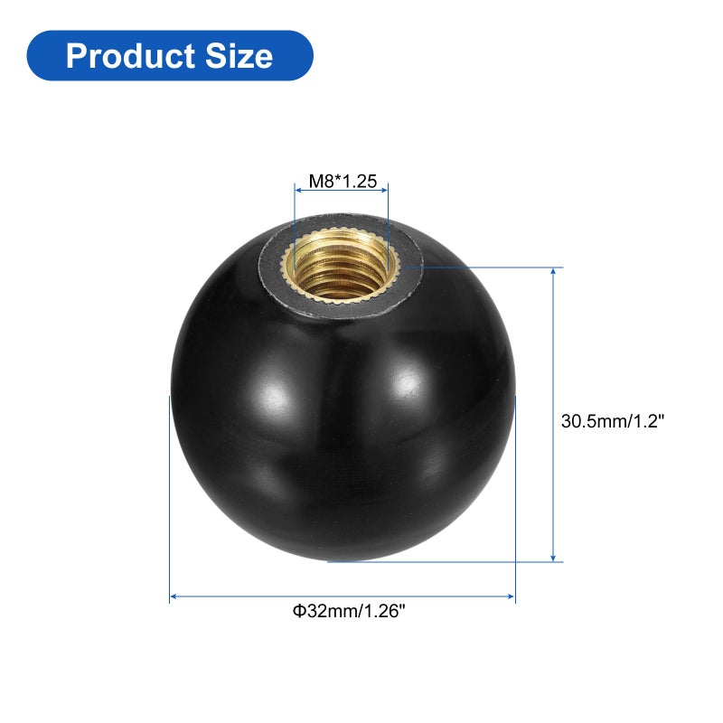 uxcell 2Pcs Threaded Ball Knobs, M8 Female Thread Thermoset Ball Knob 32mm Dia Round Operation Ball Handles with Copper Insert for Machine Lever Handle, Black - Image 2